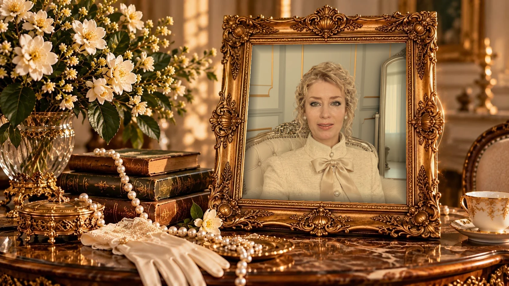 Marina, in a cream jacket with a satin bow, smiling from a carved gilt frame on a vintage table with flowers, old books, pearls and lace gloves