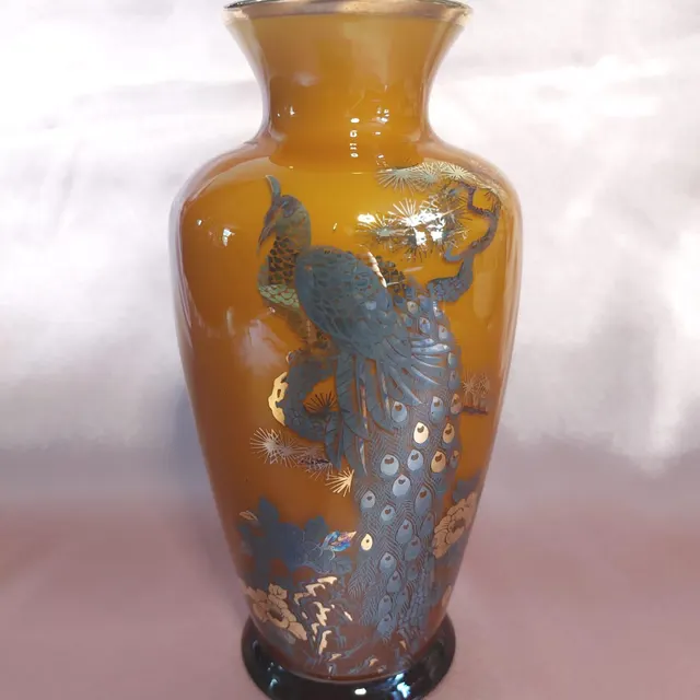 Antique Amber Glass Vase with Gilded Bird & Flowers