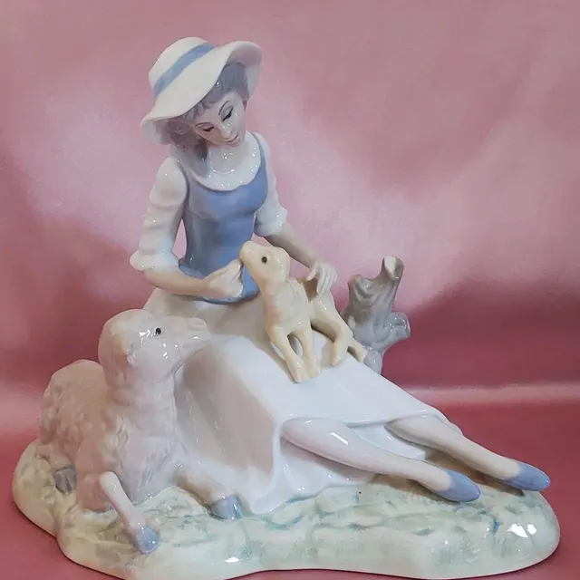 Vintage Porcelain Figurine Girl with Sheep and Lamb
