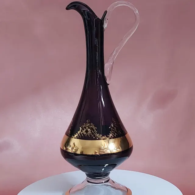 Antique Style Amethyst Glass Ewer with Gold Band