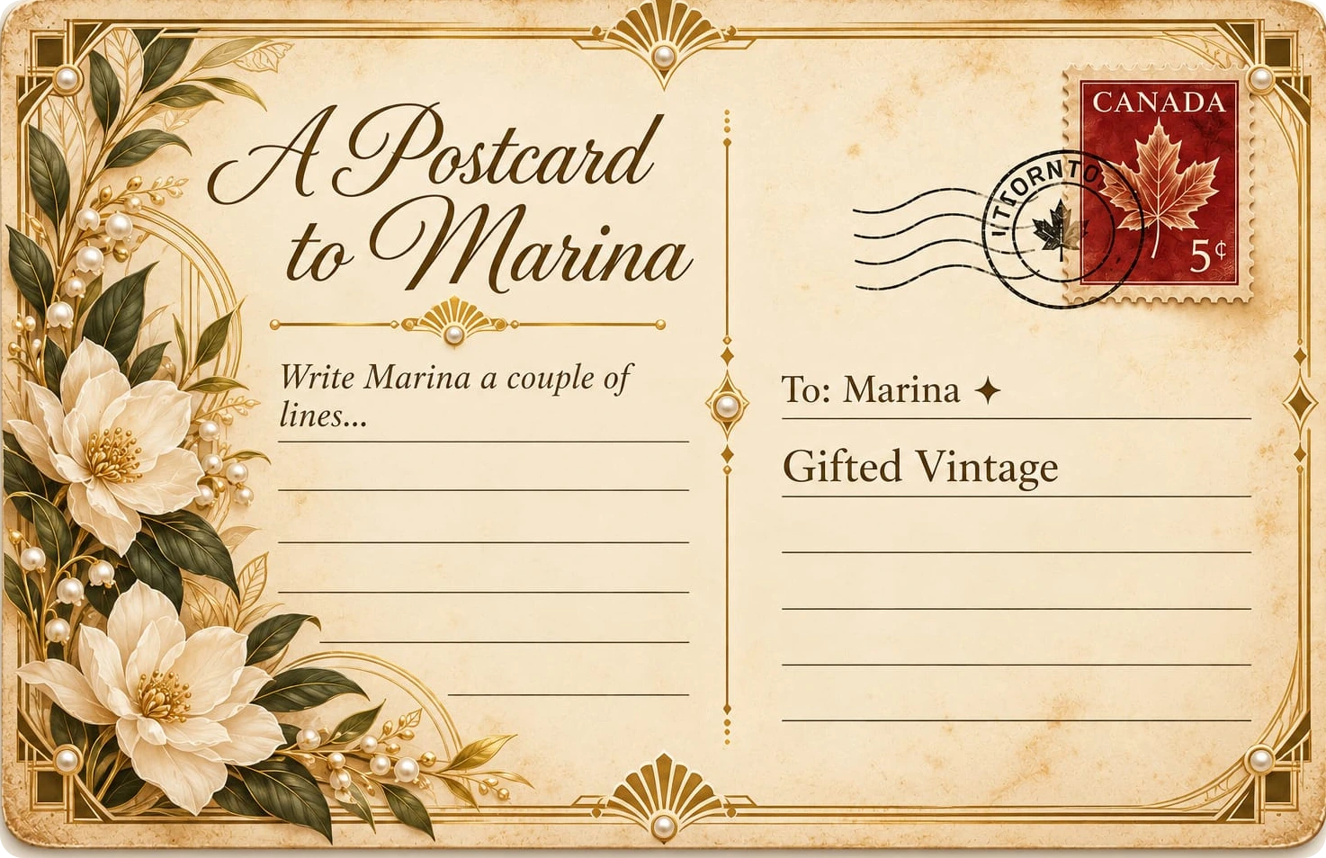 A vintage postcard to Marina with white flowers, pearls and a Canadian stamp