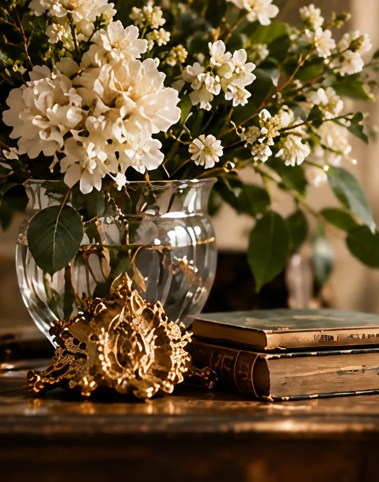 White flowers, crystal and old books in a sunlit room