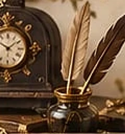Quill pens in an inkwell beside an old clock