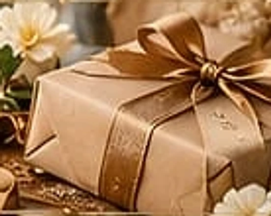 A wrapped gift with a satin bow