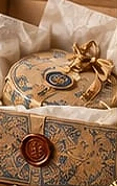 A gift box with tissue paper and a wax seal